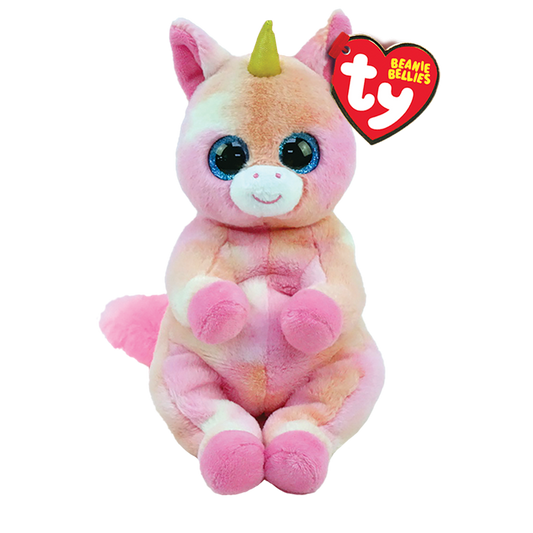 Plush unicorn toy with Ty Beanie Bellies tag, on a white background