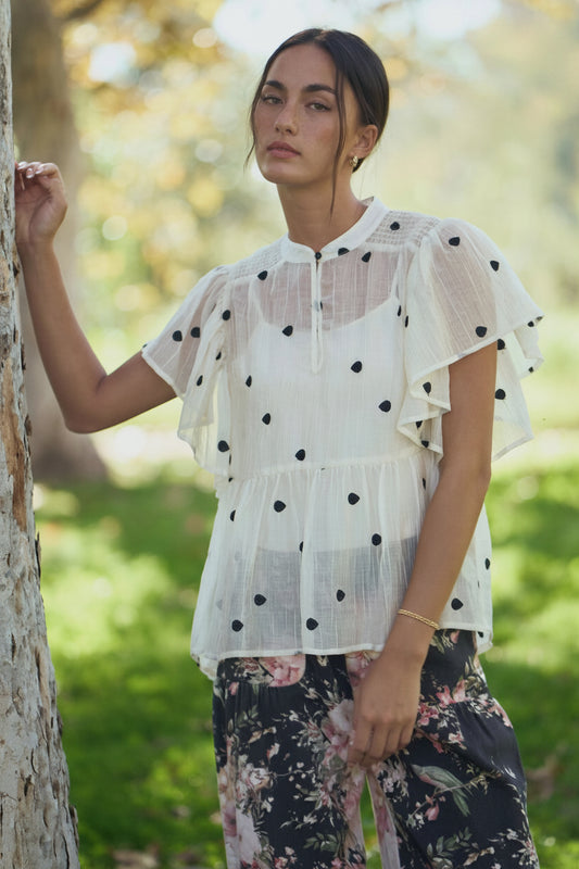 Davi & Dani Plus Polka Dot Flutter Sleeve Babydoll Top