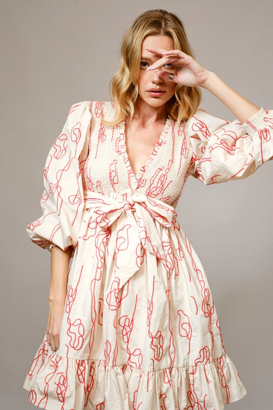 Blue B Embroidered Smocked Tie Waist Mini Dress