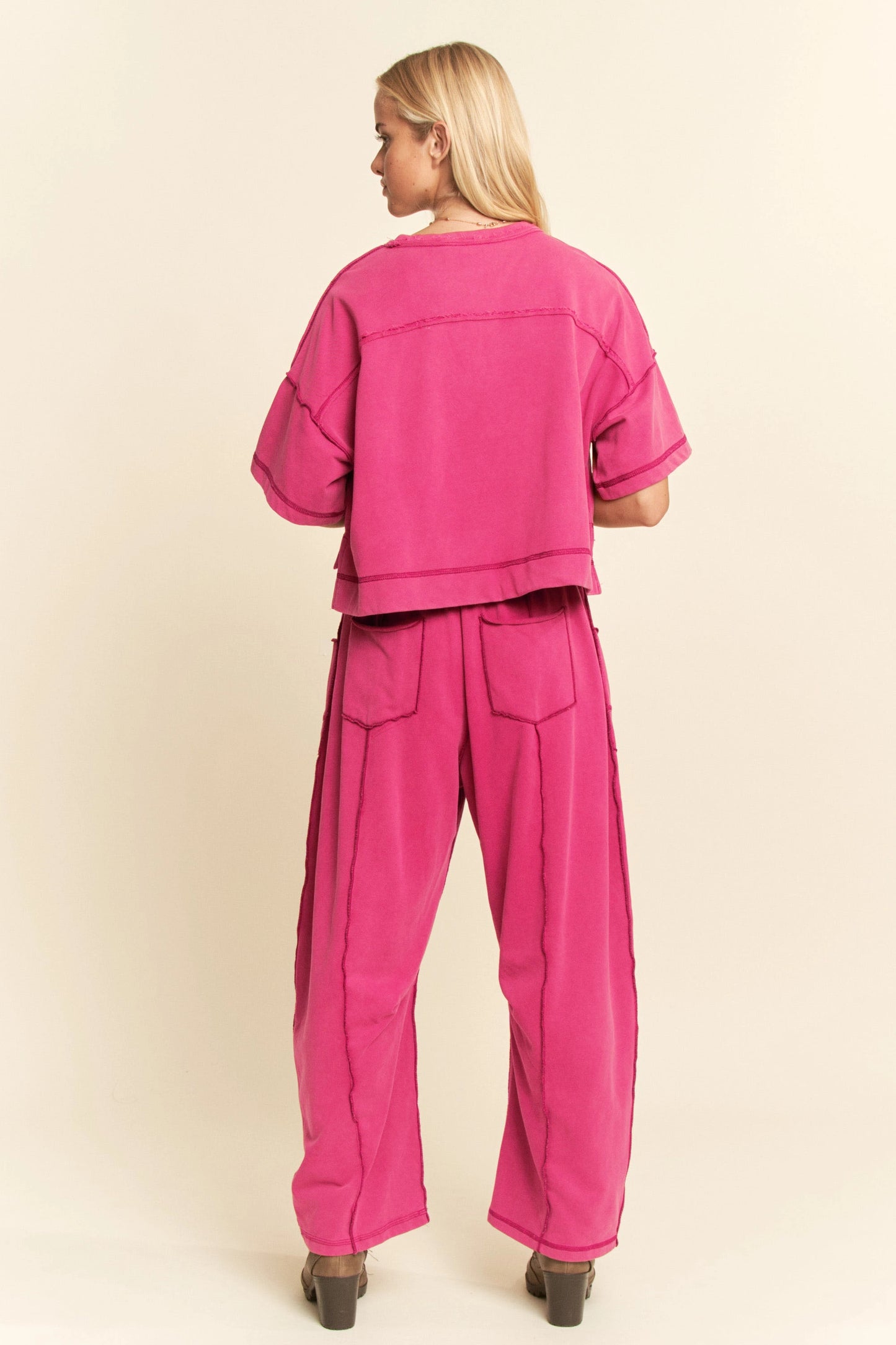 Davi & Dani Mineral Washed Top & Barrel Pants Set in Magenta
