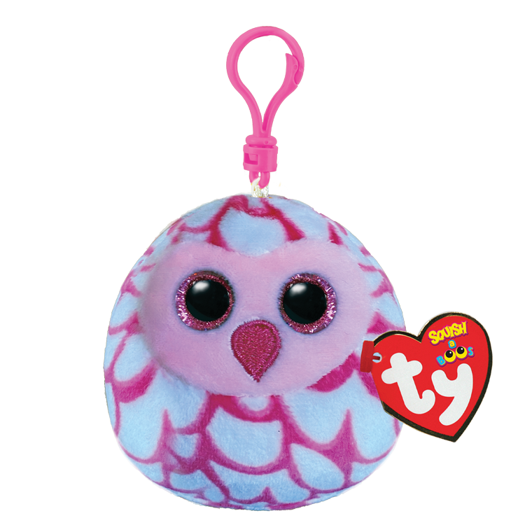Plush owl on keychain clip with pink and white pattern, featuring a Ty Squish a Boos tag, on a white background