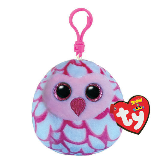 Plush owl on keychain clip with pink and white pattern, featuring a Ty Squish a Boos tag, on a white background