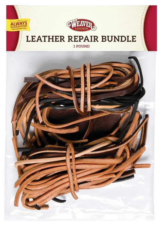 Bag of Weaver Leather repair bundle with 1 pound of leather scraps on a white background