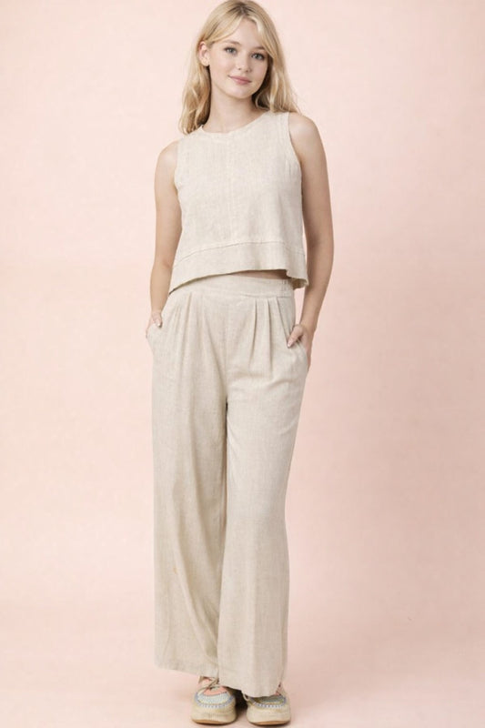 Woven Linen Sleeveless Top & Pants Set in Oatmeal