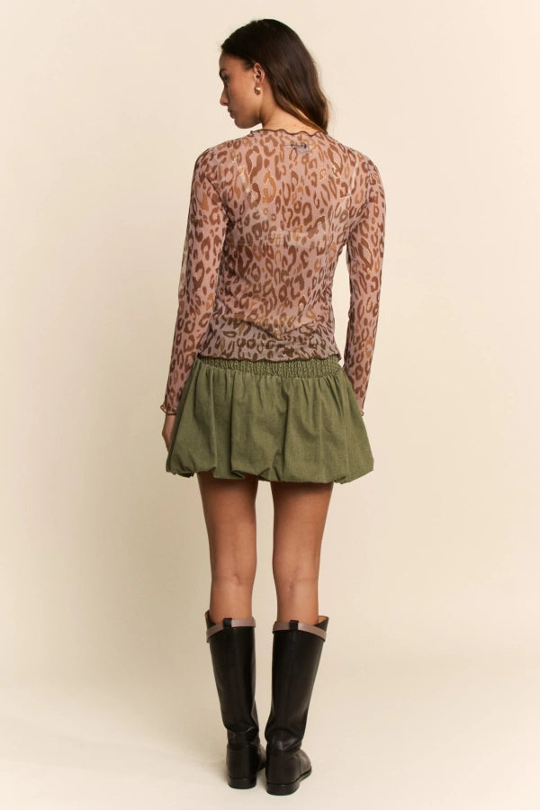 Davi & Dani Metallic Sheer Mesh Top in Taupe Leopard