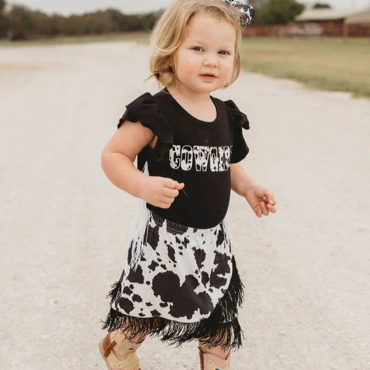 Shea Baby Black Cowprint with Fringe Onesie