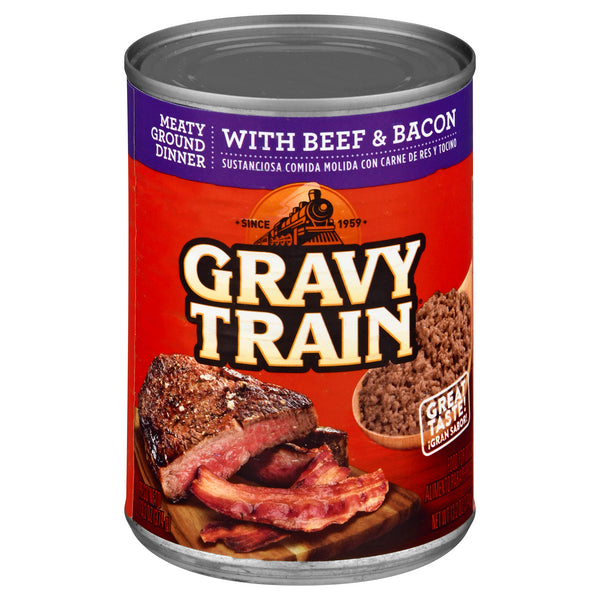 Can of Gravy Train with beef and bacon dog food on a white background