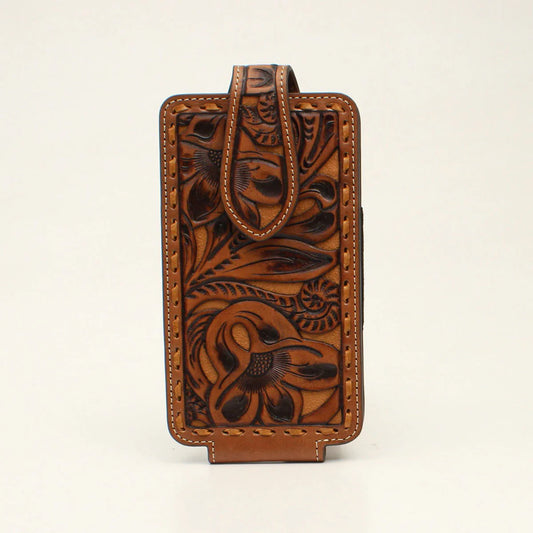 Brown leather phone case with intricate floral patterns on a beige background