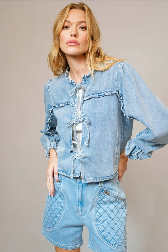 Blue B Ruffle Yoke Sleeve Tie Front Denim Jacket