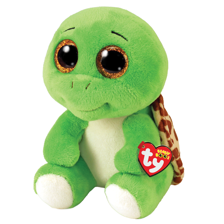 Green plush turtle toy with a Ty Beanie Boos tag on a white background