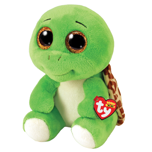Green plush turtle toy with a Ty Beanie Boos tag on a white background