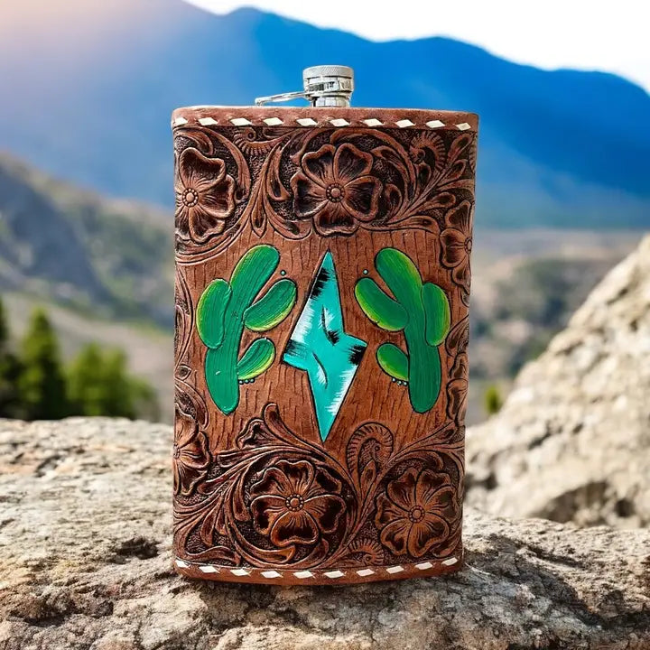 Cactus Tooled Leather Flask