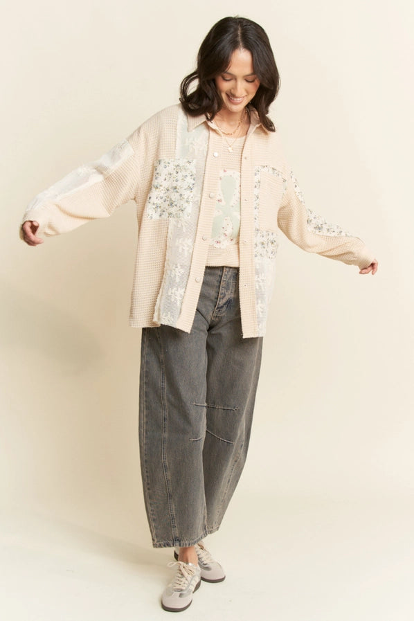 Davi & Dani Beige Multi Fabric Knit Shacket Curvy