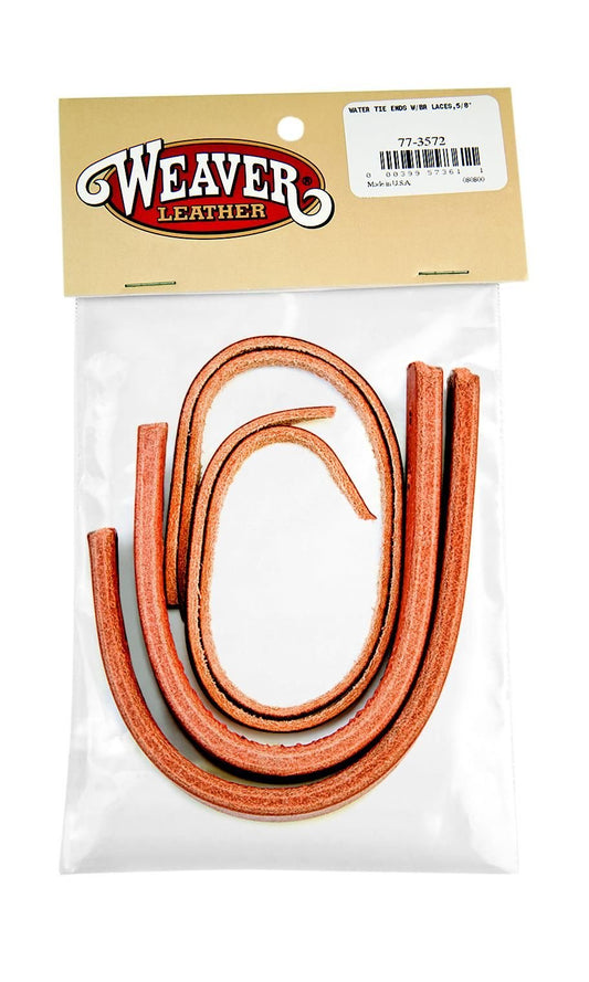 Bag of leather straps and laces featuring the Weaver Leather brand on white background