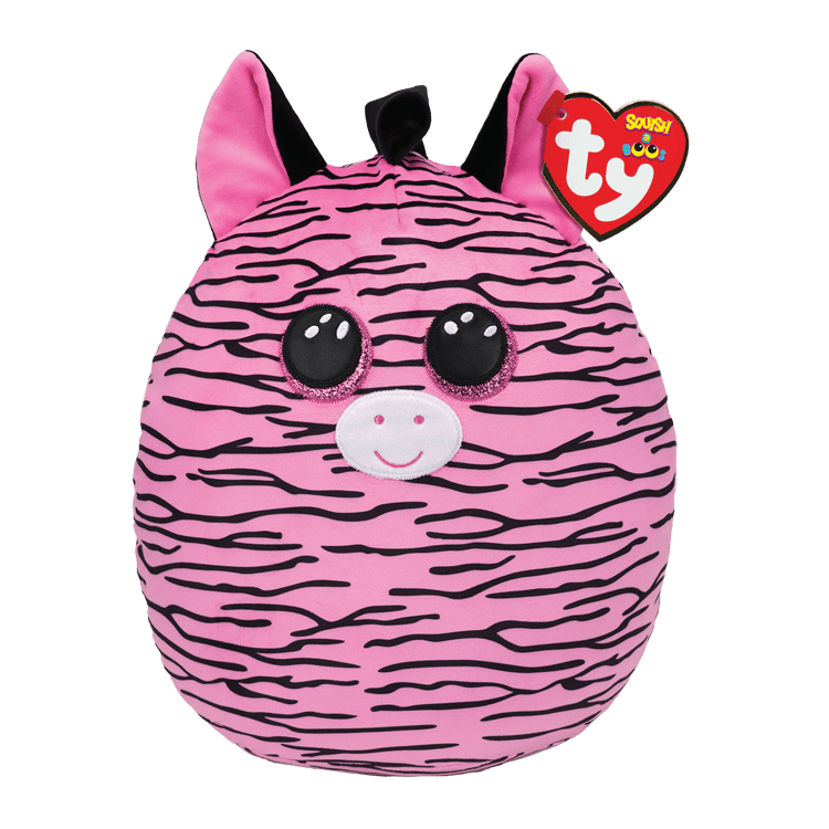 Round, pink zebra plush toy with a Ty Squish a Boos tag on a white background