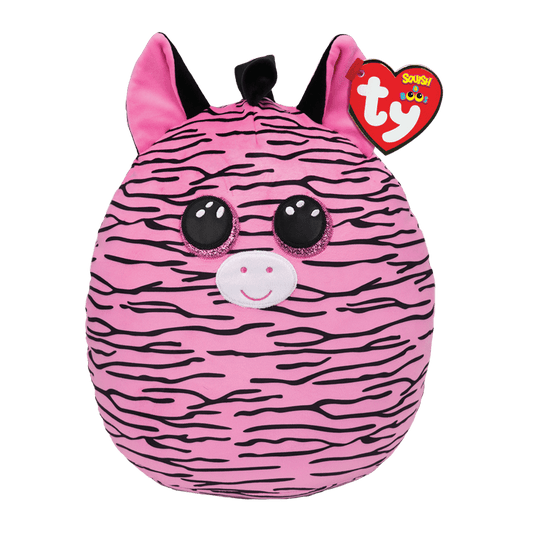 Round, pink zebra plush toy with a Ty Squish a Boos tag on a white background