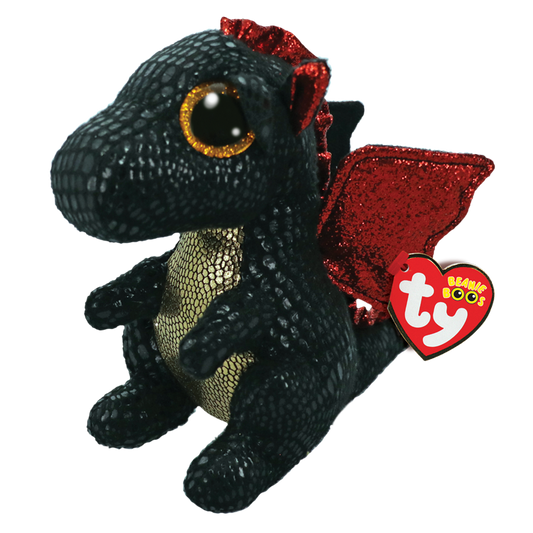 Black and gold dragon plush toy with red wings and Ty Beanie Boos tag on a clear background