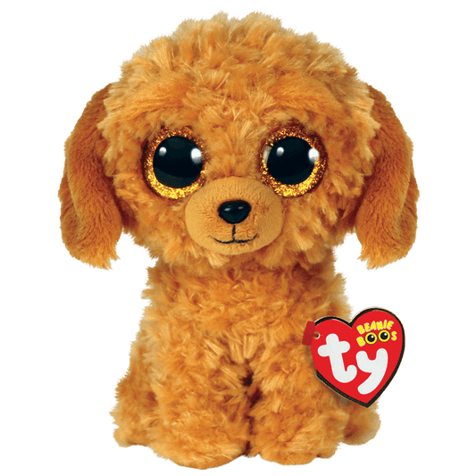 Brown plush Golden Doodle dog toy with Ty Beanie Boos tag on a transparent background