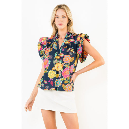 Ruffle Sleeve Navy Floral Pattern Top