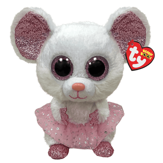 White plush mouse wearing a pink glittery ballerina's tutu with pink ears, featuring a Ty Beanie Boos tag.