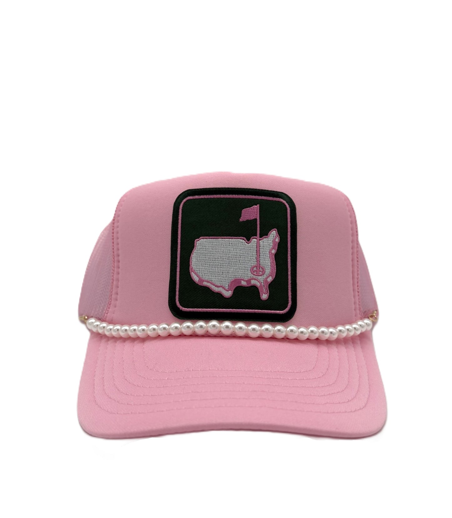 Pink Golf Patch Trucker Hat with Pearl Chain