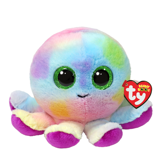 Pastel multicolored octopus plush with a Ty Beanie Boos Tag.
