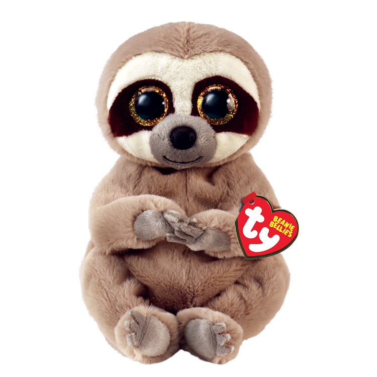 Plush sloth toy with a Ty Beanie Bellies tag, on a white background