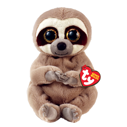 Plush sloth toy with a Ty Beanie Bellies tag, on a white background