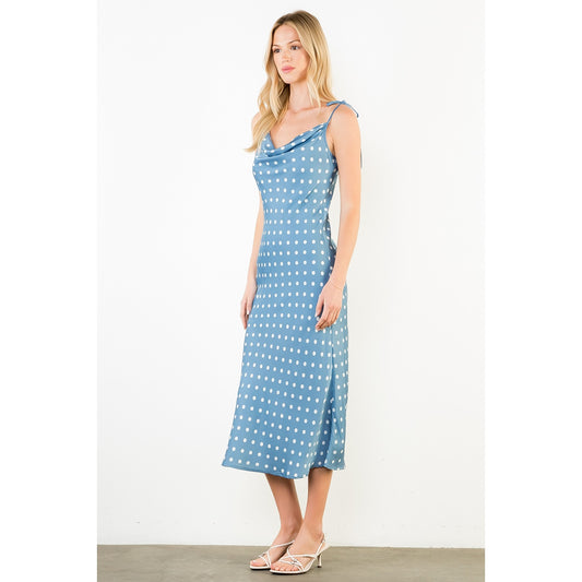 Tie Strap Blue & Polka Dot Midi Dress
