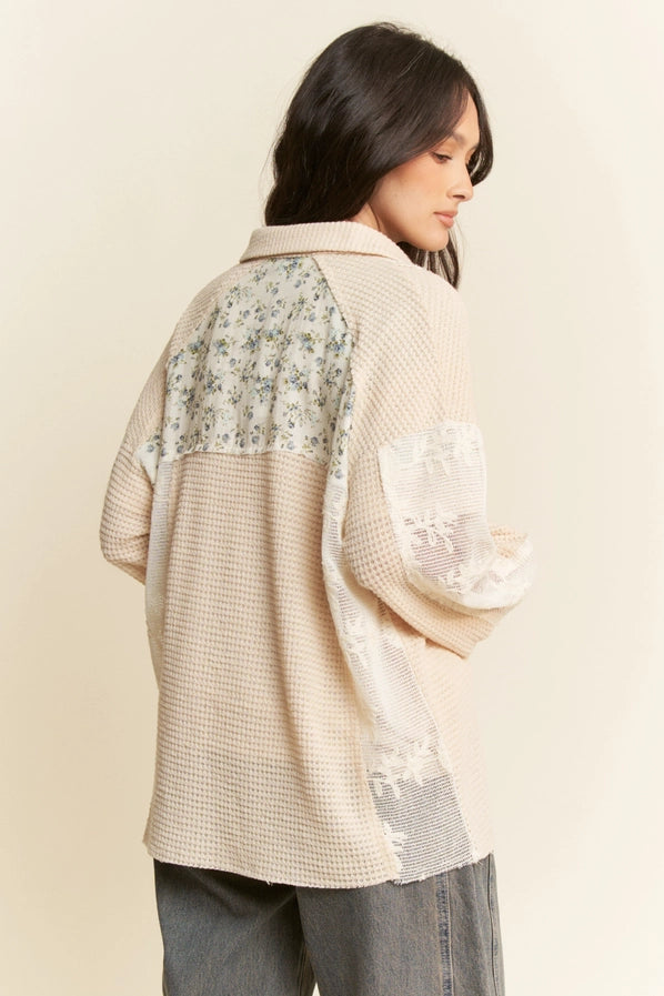 Davi & Dani Beige Multi Fabric Knit Shacket Curvy