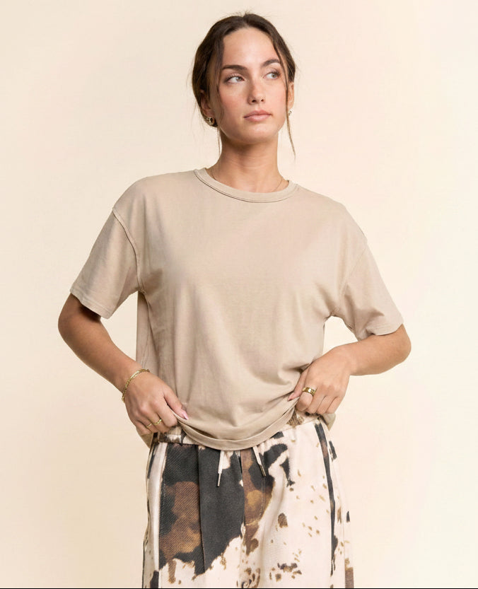 Davi & Dani Relaxed Fit Boxy Crew Neck Tee in Beige
