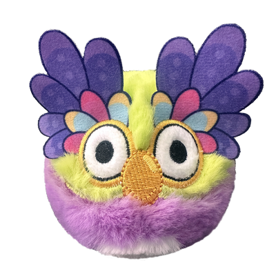 Colorful owl-shaped plush toy ball with purple feathers, on a white background