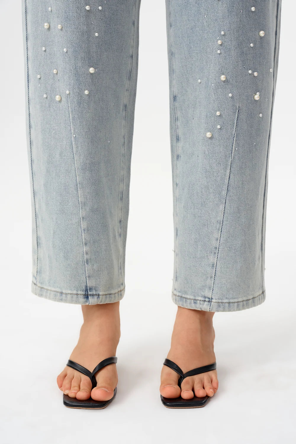 Bayeas High Rise Rhinestone Barrel Leg Jeans in Glacier
