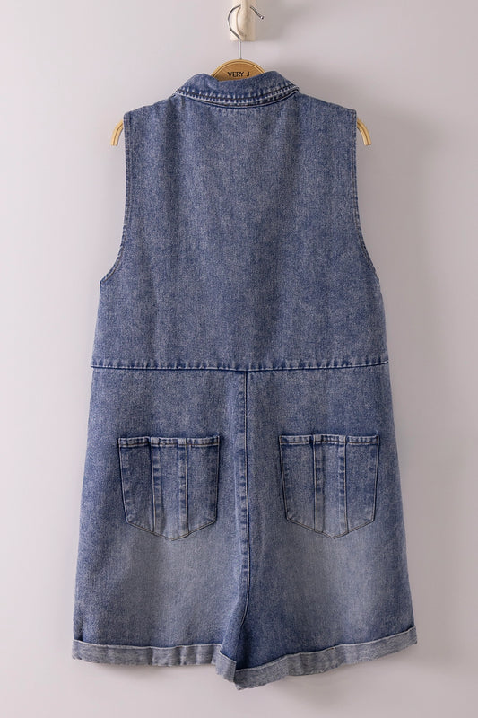 Washed Denim Romper in Indigo