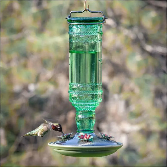 Perky-Pet Green Antique Glass Bottle Hummingbird Feeder