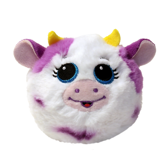 Plush toy ball with a cow design, on a white background