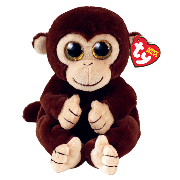 Plush monkey toy with a Ty Beanie Bellies tag attached on a white background