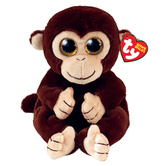 Plush monkey toy with a Ty Beanie Bellies tag attached on a white background