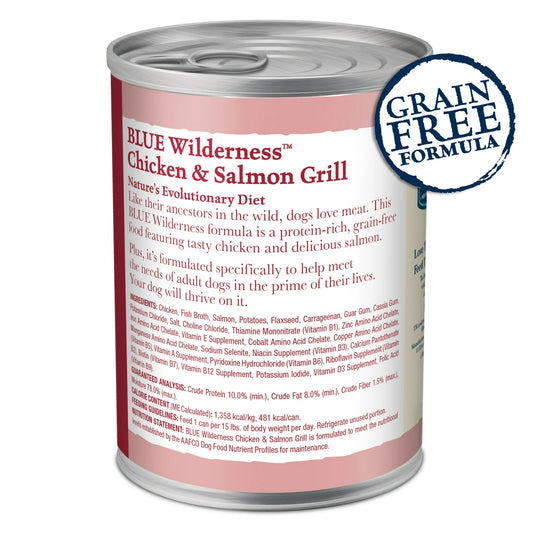 Can of Blue Wilderness Chicken & Salmon Grill dog food showing the ingredients with grain-free label on a white background