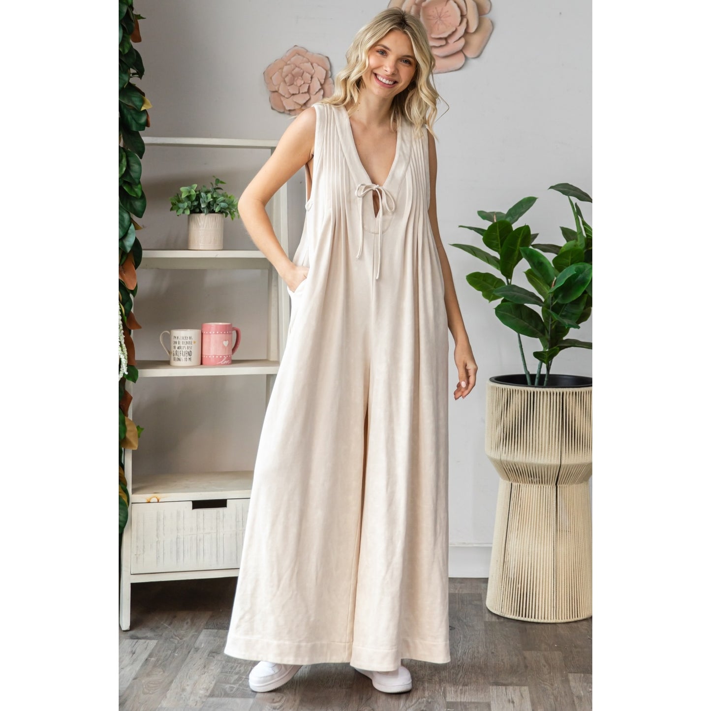 Cream Pleated Sleeveless Jumpsuit