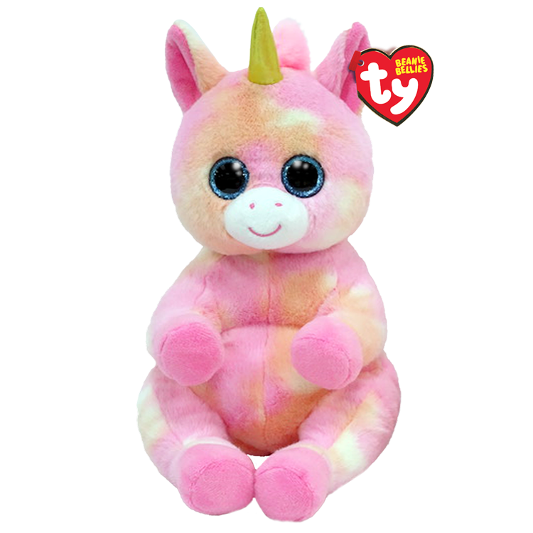 Pink and orange plush toy unicorn with a yellow horn, featuring a Ty Beanie Bellies tag, on a white background