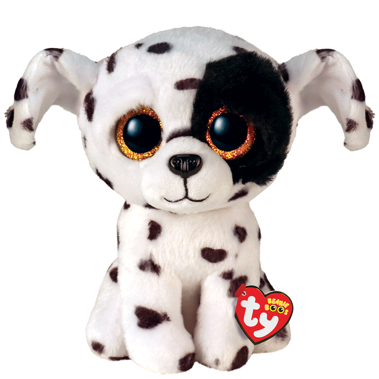 Plush toy resembling a Dalmatian dog with TY Beanie Boos on a white background