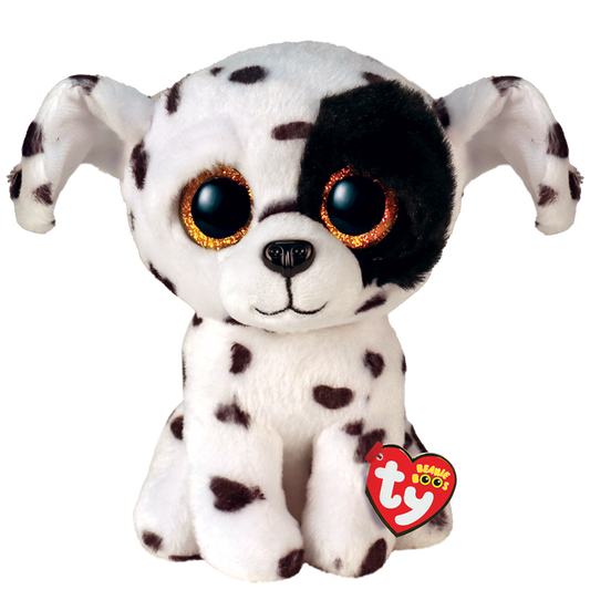 Plush toy resembling a Dalmatian dog with TY Beanie Boos on a white background
