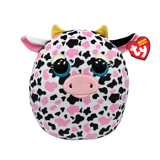 Plush, round toy cow featuring a pink and black cow print pattern, with a Ty Squishy Beanies tag
