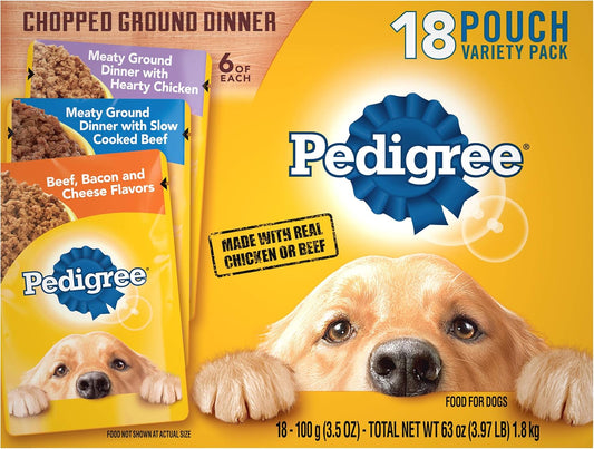 Pedigree dog food packaging with a variety of flavors on a yellow background