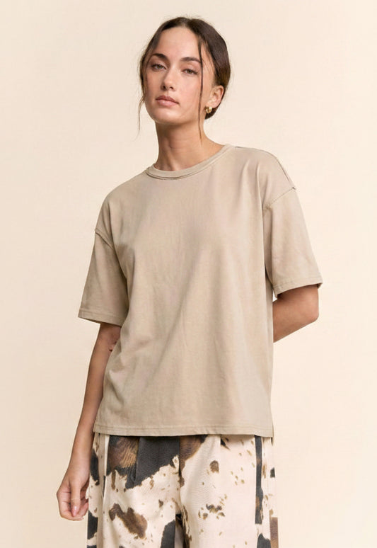 Davi & Dani Relaxed Fit Boxy Crew Neck Tee in Beige