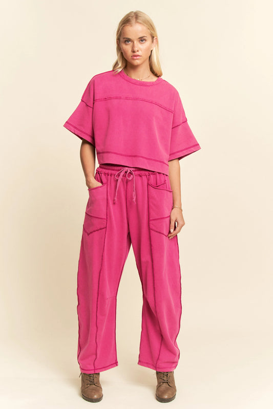 Davi & Dani Mineral Washed Top & Barrel Pants Set in Magenta