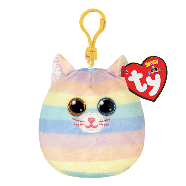 Ty plush toy with rainbow stripes and a yellow clip, featuring a Ty Squish a Boos tag on a white background
