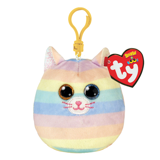 Ty plush toy with rainbow stripes and a yellow clip, featuring a Ty Squish a Boos tag on a white background
