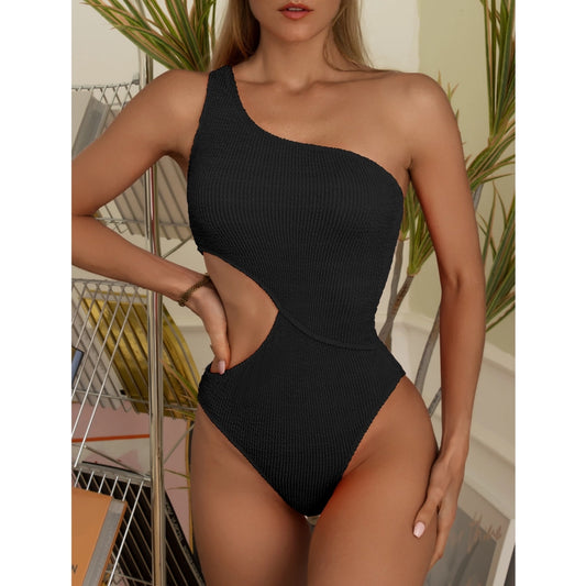 Black Wrinkle One Shoulder Waist Cut One-Piece Swimsuit